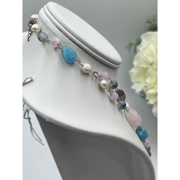 Handmade Sterling 925 Pink Blue Quartz Freshwater Pearl Double Strand Necklace - Picture 11 of 13